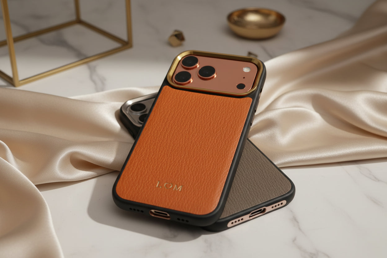 Brown phone case with gold accents on a brown textured background